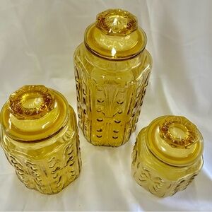 Vintage L.E. Smith Imperial Amber Glass Canister Set w/ Atterbury Scroll design.